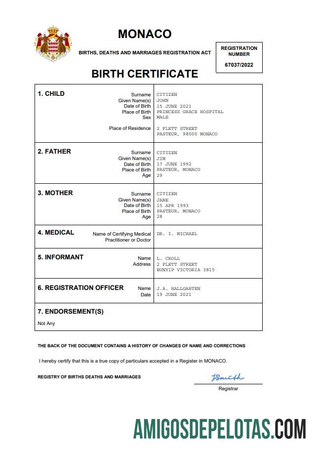 Imprimível modelo Word e PDF de certidão de nascimento de registro vital de Mônaco
